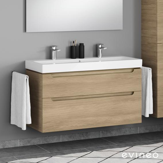 Geberit iCon double washbasin and evineo ineo5 vanity unit with 2 pull-out compartments, with recessed handles oak, basin white, with KeraTect, with 2 tap holes