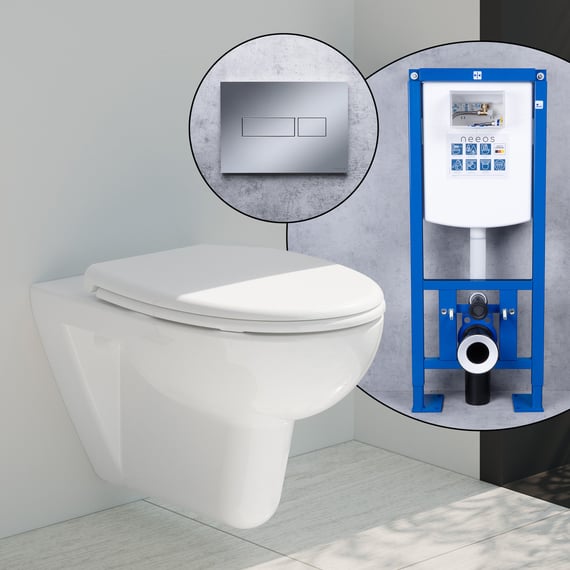 Kit WC Suspendu Complet - Cuvette FlashClean Sans Bord + élément Mural 400kg + Abattant Soft-Close + Plaque Déclenchement 3/6L - AM.PM Prime Fit