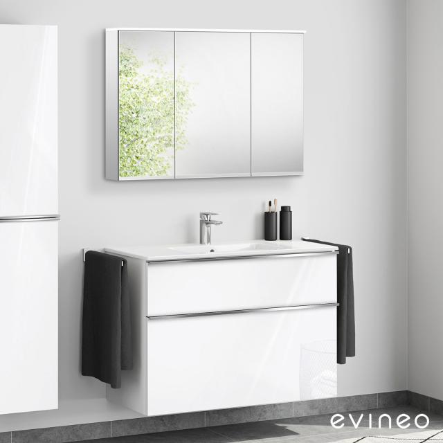 Duravit ME by Starck washbasin with ineo4 vanity unit with handle and mirror cabinet white high gloss/mirrored, WB white, with WonderGliss, with 1 tap hole