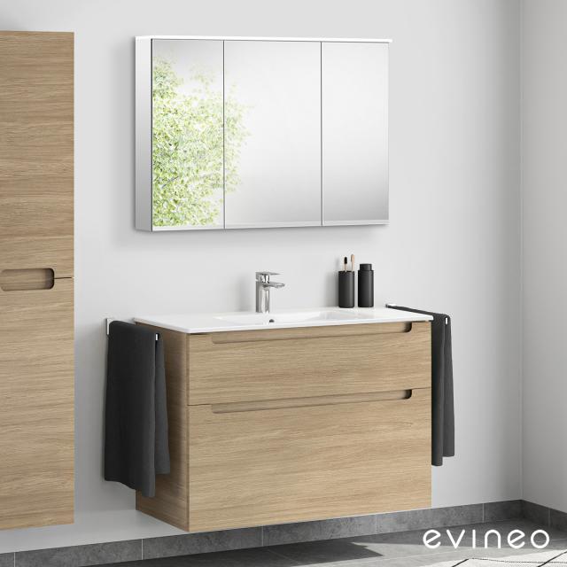 Duravit ME by Starck washbasin with ineo5 vanity unit with recessed handles and mirror cabinet oak/mirrored, WB white, with WonderGliss, with 1 tap hole