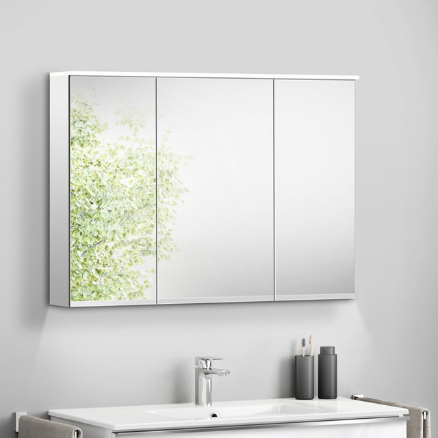 Armadietto A Specchio Per Bagno Paris HAPA Design - Alluminio, 60x60x14,5 Cm - 2 Ante, LED 13,2W, Presa Integrata