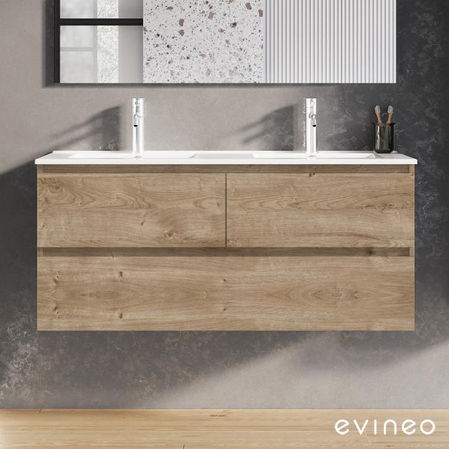 evineo ineo2 double washbasin and vanity unit with 3 pull-out compartments, with recessed handles oak, WB white
