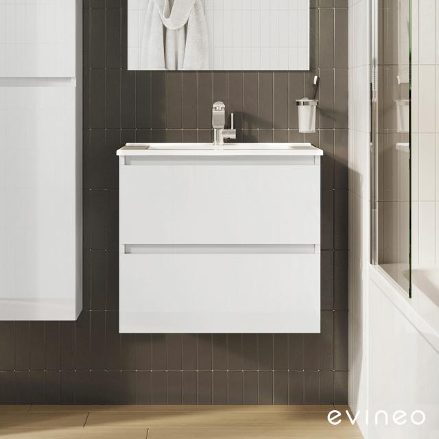 evineo ineo2 Lavabo avec meuble sous-lavabo, 2 tiroirs, avec poignée encastrée blanc ultra brillant, lavabo blanc