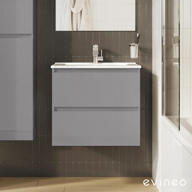 evineo ineo2 Lavabo avec meuble sous-lavabo, 2 tiroirs, avec poignée encastrée gris ultra brillant, lavabo blanc