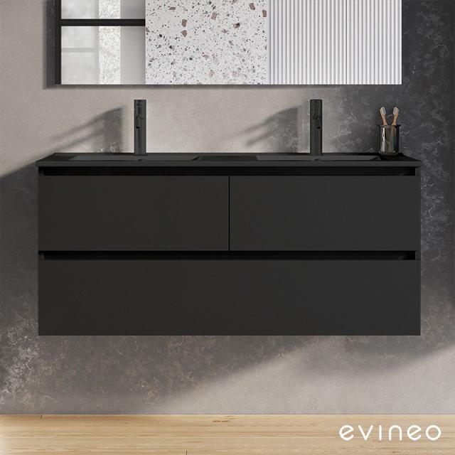 evineo ineo2 Lavabo double avec meuble sous-lavabo, 3 tiroirs et poignée encastrée noir mat, lavabo noir mat
