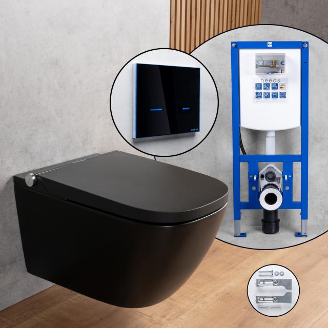 evineo ineo3 softcube complete SET shower toilet with neeos pre-wall element, flush plate with electronic actuation, toilet in matt black