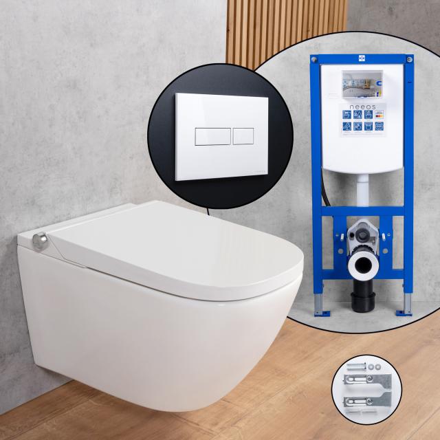 evineo ineo3 softcube Pack complet WC lavant et bâti-support neeos, Plaque de déclenchement avec dispositif d’actionnement carré blanc, WC blanc