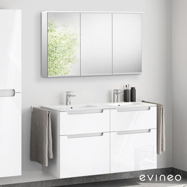 Evineo ineo5 Lavabo double avec meuble sous-lavabo avec poignée encastrée, avec armoire de toilette LED Façade blanc ultra brillant/réfléchissant/corps du meuble blanc ultra brillant/réfléchissant