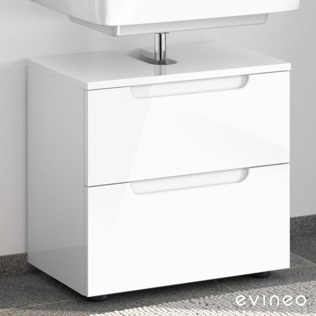 Evineo ineo5 Meuble sous-lavabo sans raccordement au lavabo, avec 2 tiroirs et poignée encastrée Façade blanc ultra brillant/corps du meuble blanc ultra brillant