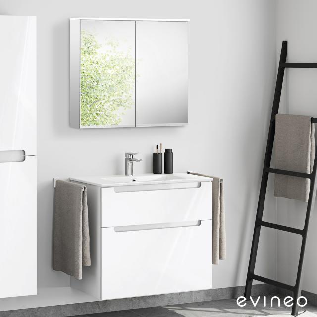 Evineo ineo5 Waschtisch mit Waschtischunterschrank mit Griffmulde, mit LED-Spiegelschrank Front weiß hochglanz/verspiegelt / Korpus weiß hochglanz/verspiegelt