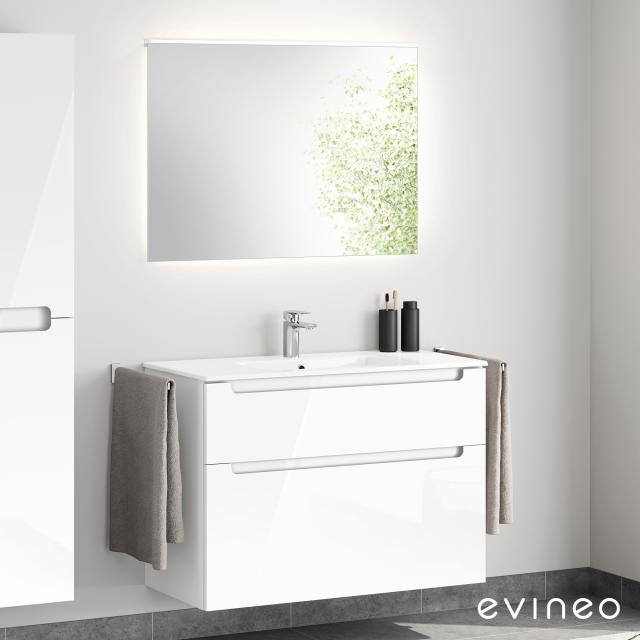 Evineo ineo5 washbasin and vanity unit with recessed handle, with LED mirror front white high gloss/mirrored / corpus white high gloss