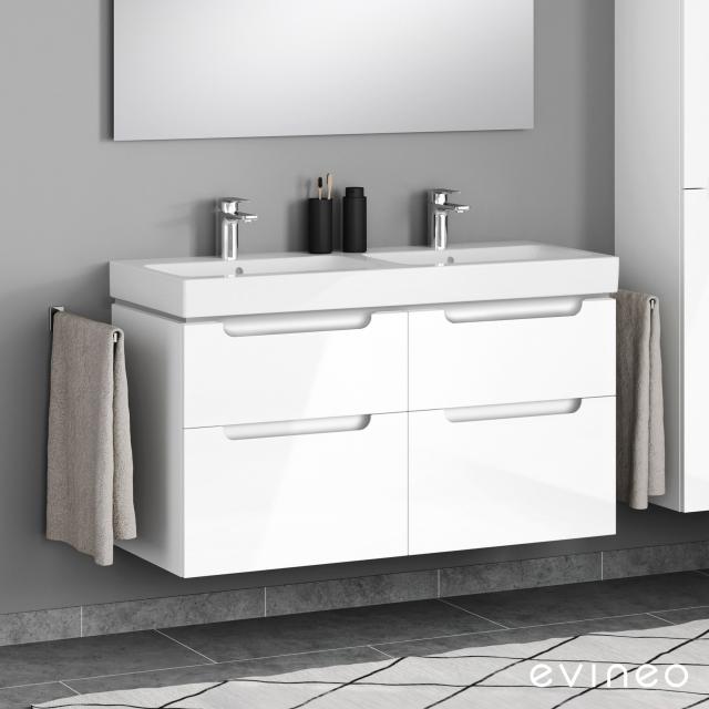 Evineo ineo5 Waschtischunterschrank für Doppelwaschtisch mit 4 Auszügen, mit Griffmulde Front weiß hochglanz / Korpus weiß hochglanz