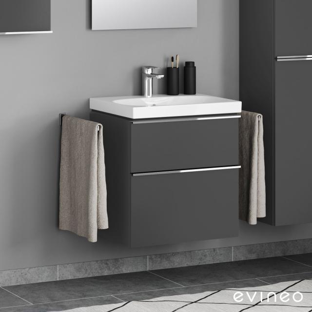 Geberit Acanto washbasin and evineo ineo4 vanity unit with 2 pull-out compartments, with handles matt anthracite, basin white, with KeraTect, with 1 tap hole, with overflow