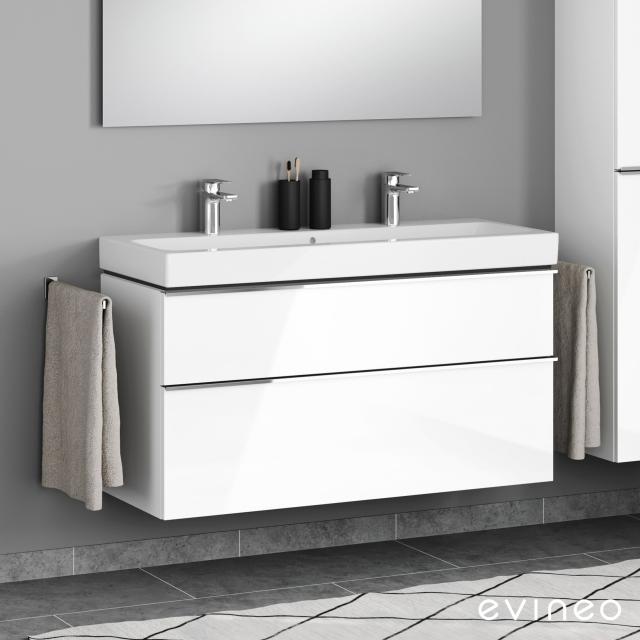 Geberit iCon double washbasin and evineo ineo4 vanity unit with 2 pull-out compartments, with handles white high gloss, basin white, with KeraTect, with 2 tap holes