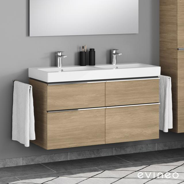 Geberit iCon double washbasin and evineo ineo4 vanity unit with 4 pull-out compartments, with handles oak, basin white, with Keratect