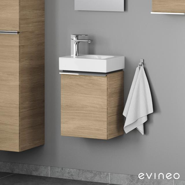 Geberit iCon Lave-mains avec meuble sous-lavabo evineo ineo4, 1 porte et poignée Façade chêne/corps du meuble chêne, lavabo blanc, avec KeraTect