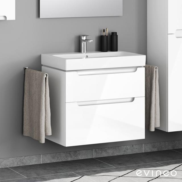 Geberit iCon washbasin and evineo ineo5 vanity unit with 2 pull-out compartments, with recessed handles white high gloss, basin white, with KeraTect, with 1 tap hole, with overflow