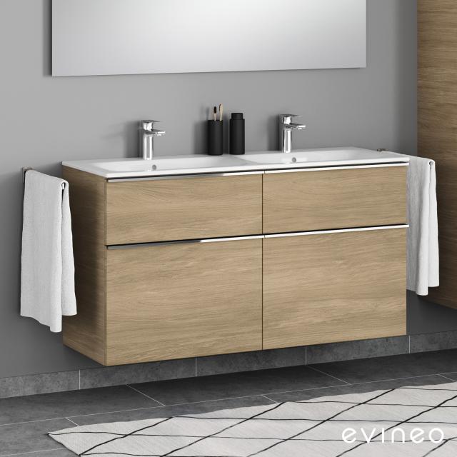 Geberit Renova Plan Slim double washbasin and evineo ineo4 vanity unit with 4 pull-out compartments, with handles oak, basin white