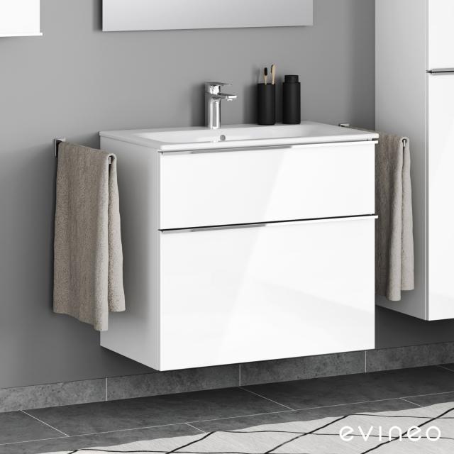 Geberit Renova Plan Slim washbasin and evineo ineo4 vanity unit with 2 pull-out compartments, with handles white high gloss, basin white, with KeraTect