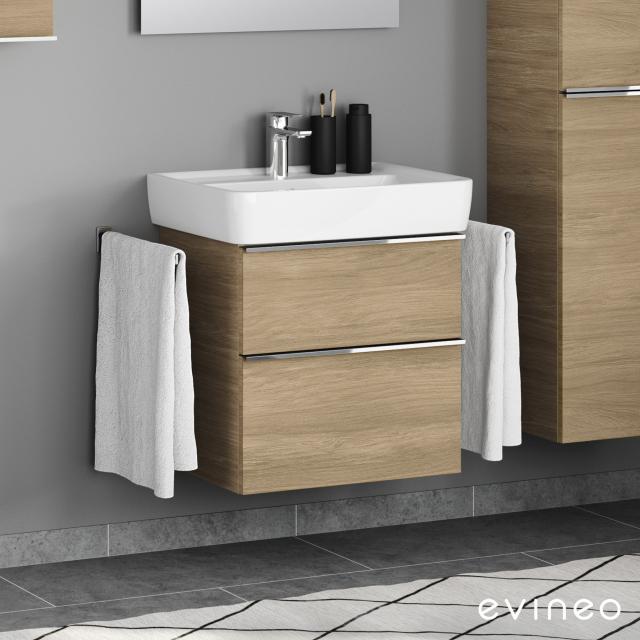 Geberit Renova Plan washbasin with Evineo ineo4 vanity unit with 2 pull-out compartments, with handles front oak / corpus oak, WB white, with KeraTect
