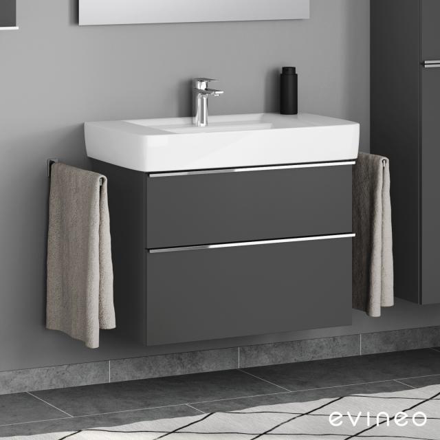 Geberit Renova Plan washbasin with evineo ineo4 vanity unit with 2 pull-out compartments, with handles matt anthracite, basin white, with overflow