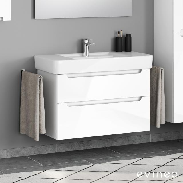 Geberit Renova Plan washbasin with evineo ineo5 vanity unit with 2 pull-out compartments, with recessed handles white high gloss, WB white, with overflow