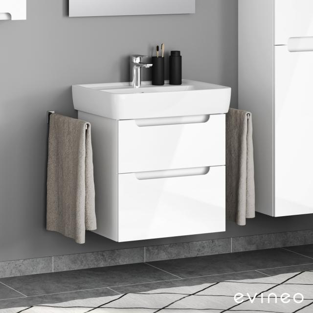 Geberit Renova Plan washbasin with evineo ineo5 vanity unit with 2 pull-out compartments, with recessed handles white high gloss, basin white
