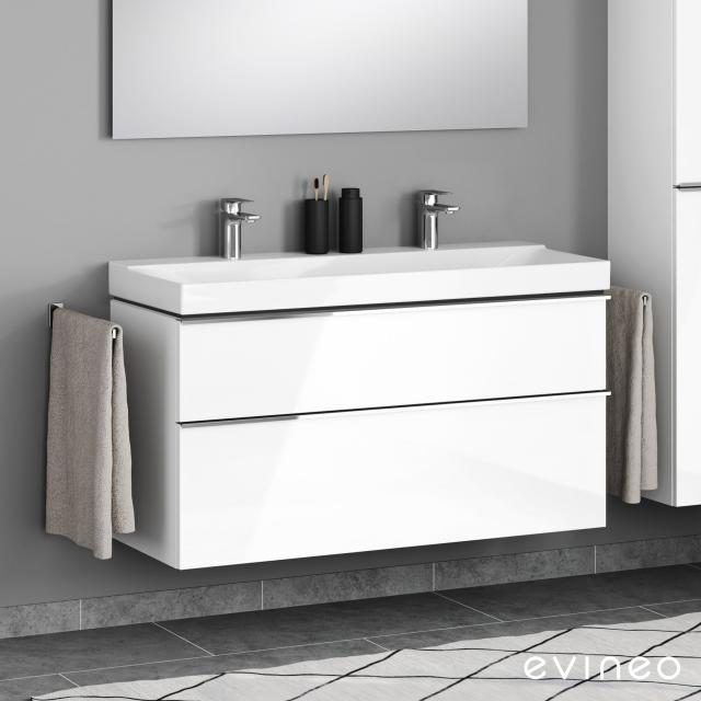 Geberit Xeno² double washbasin and evineo ineo4 vanity unit with 2 pull-out compartments, with handles white high gloss, basin white, with KeraTect, with 2 tap holes
