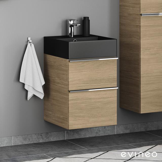 Scarabeo Teorema 2.0 hand washbasin with Evineo ineo4 vanity unit with 2 pull-out compartments, with handles front oak / corpus oak, matt black, with BIO System coating