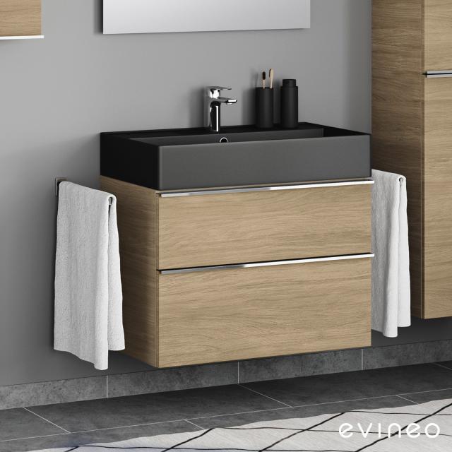 Scarabeo Teorema 2.0 washbasin with Evineo ineo4 vanity unit with 2 pull-out compartments, with handles front oak / corpus oak, matt black, with BIO System coating