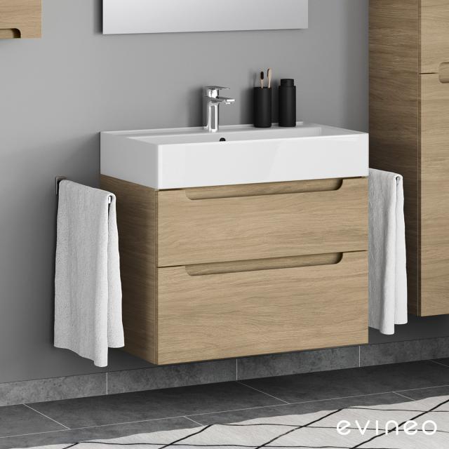 Scarabeo Teorema 2.0 washbasin evineo ineo5 vanity unit with 2 pull-out compartments, with recessed handles oak, basin white, with BIO System coating