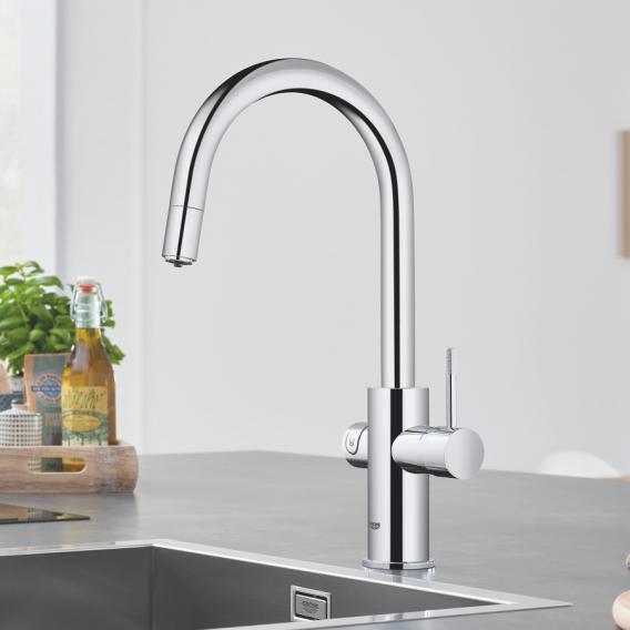 Grohe Blue Home the NEW kitchen fitting with filter function, C spout extendable chrome