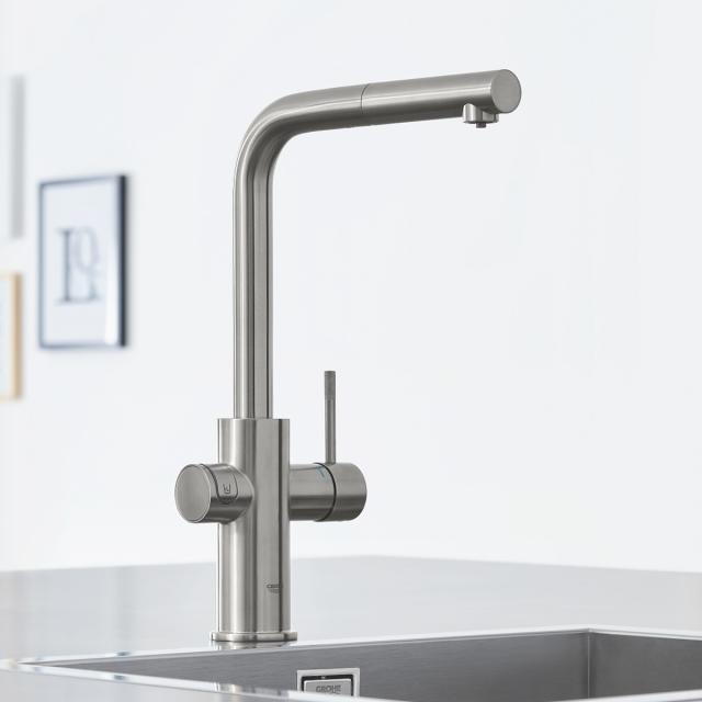 Grohe Blue Home the NEW kitchen fitting with filter function, L spout extendable supersteel
