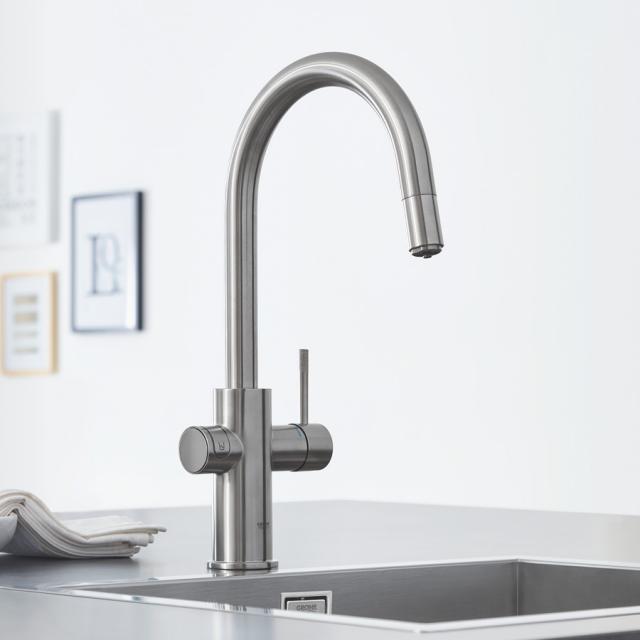 Grohe Blue Home the NEW kitchen mixer tap, with filter function, with pull-out spout supersteel