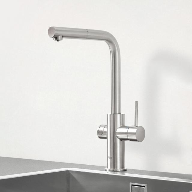 Grohe Blue Professional the NEW single-lever kitchen mixer tap, with pull-out spout, with filter function supersteel
