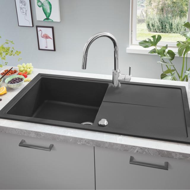 Grohe K400 kitchen sink with drainer, reversible black granite