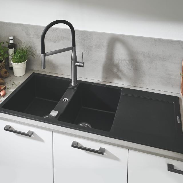 Grohe K500 double kitchen sink with drainer, reversible black granite