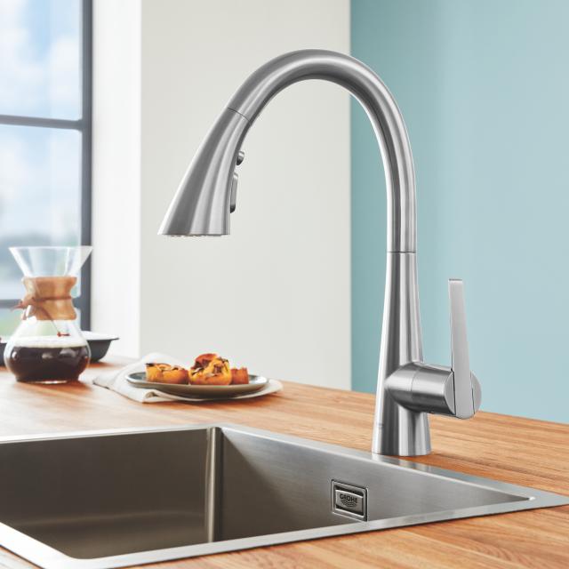 Grohe Zedra the single-lever kitchen mixer tap, with pull-out spout supersteel