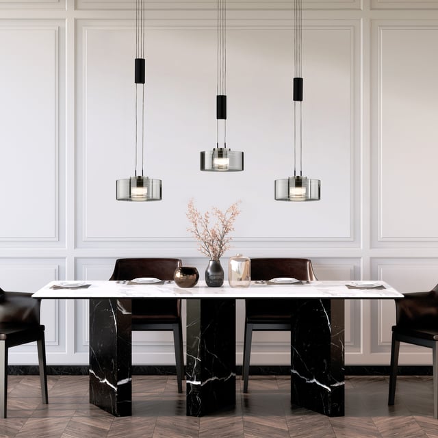 Lampadario A Sospensione Creativo A 6 Luci Con Paralumi In Vetro Champagne – Regolabile In Altezza Fino A 180 Cm, Ferro Nero, Per Sala Da Pranzo E Soggiorno