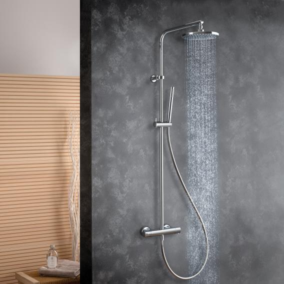 Fortis Wellness flat 200 M shower system with thermostat, metal stick hand shower round and overhead shower
