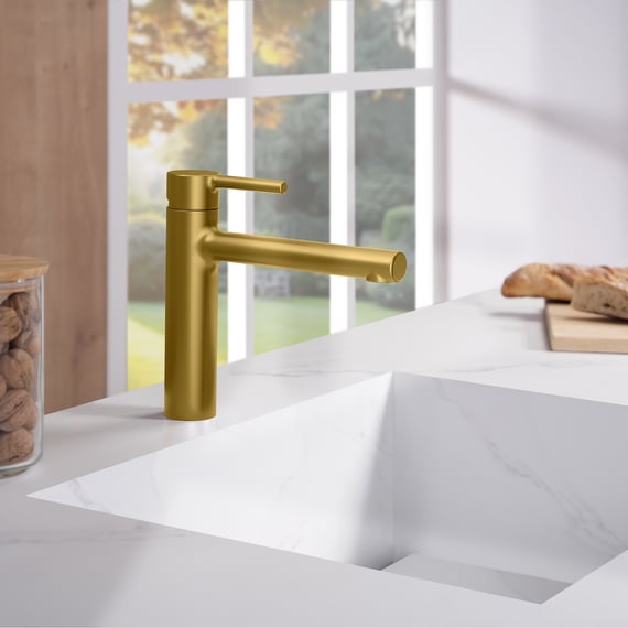 Einhebel-Küchenarmatur Mit Hohem Bogen – Gebürstetes Gold, Edelstahl, Für Einloch-Spülen