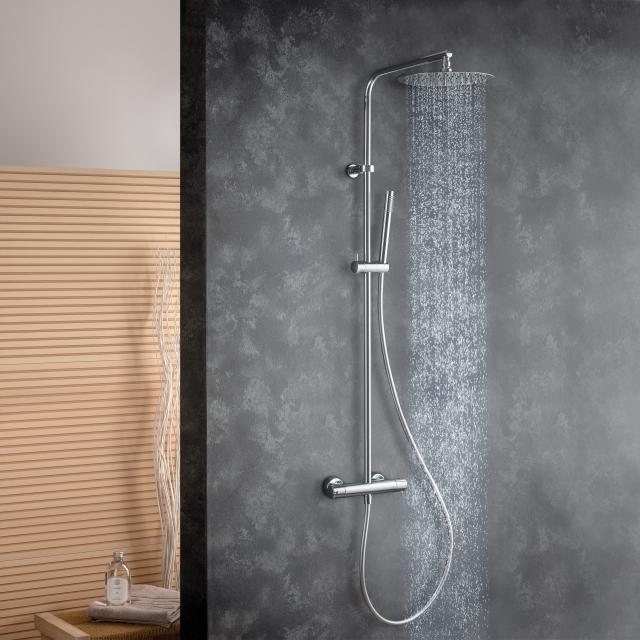 Fortis Spa flat 250 XL shower system with thermostat, metal stick hand shower round and metal overhead shower extra flat