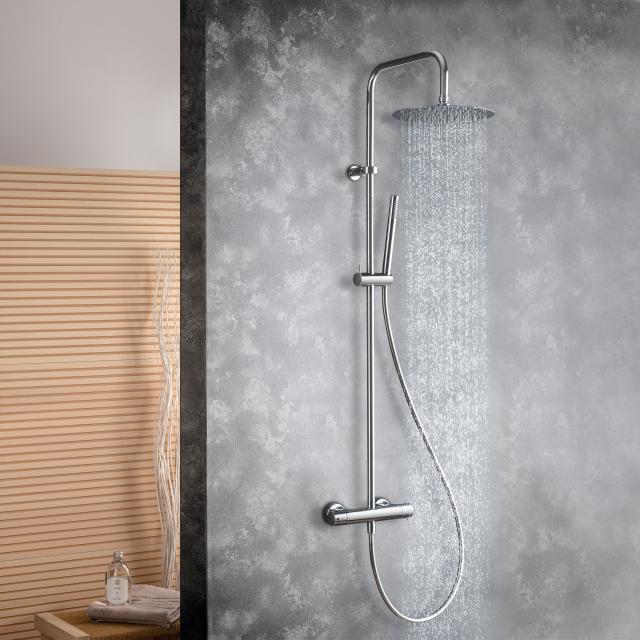 Fortis Spa high 250 XL shower system with metal stick hand shower round and metal overhead shower extra flat