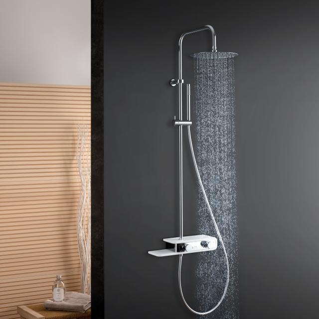 Fortis Spa high 250 XL shower system with shelf, metal stick hand shower and metal overhead shower extra flat