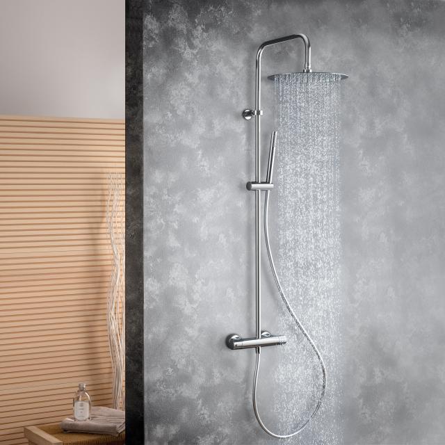 Fortis Spa high 300 XXL shower system with metal stick hand shower round and metal overhead shower extra flat