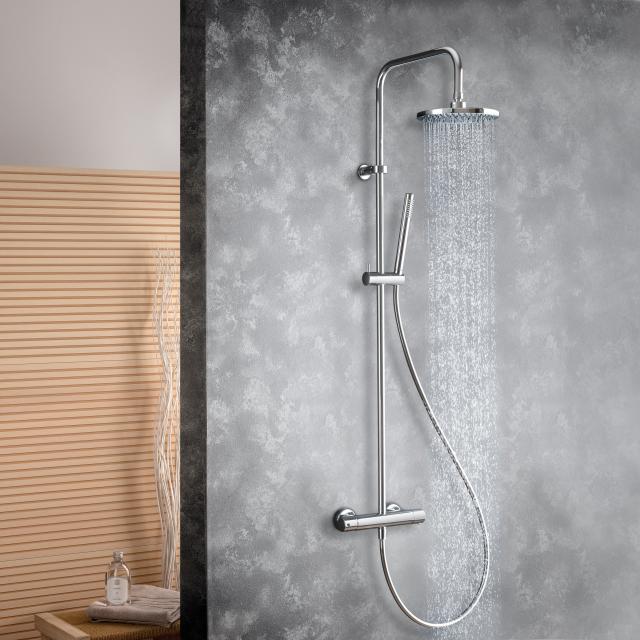 Fortis Wellness high 200 M shower system with thermostat, metal stick hand shower round and overhead shower