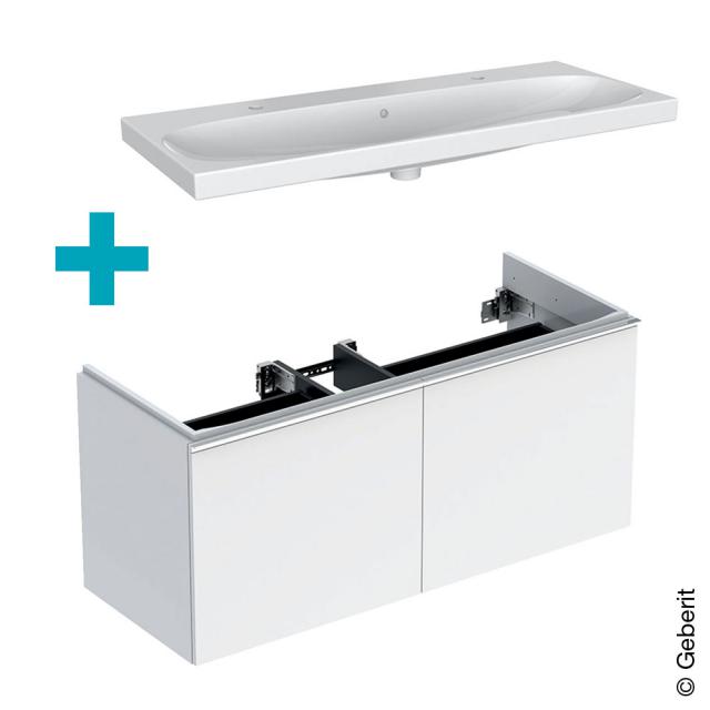 Geberit Acanto double washbasin with vanity unit with 2 pull-out compartments white/white high gloss, handle white, basin white, with 2 tap holes, with overflow