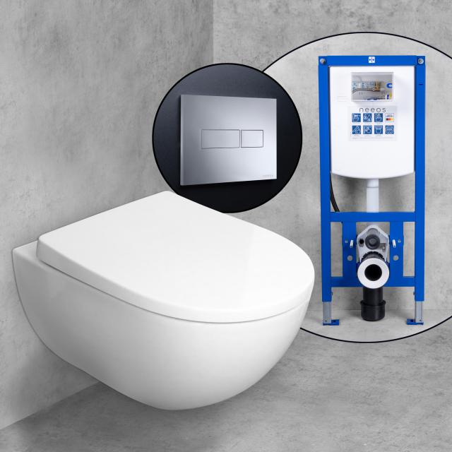 Geberit Acanto wall-mounted toilet & Tellkamp toilet seat with neeos on-the-wall element, flush plate with rectangular button in white, with KeraTect