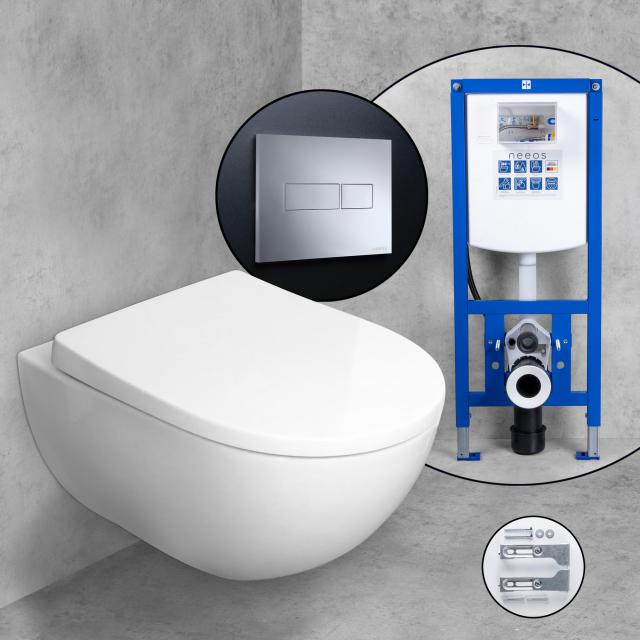 Geberit Acanto wall-mounted toilet & Tellkamp toilet seat with neeos pre-wall element, flush plate with rectangular button in white, with KeraTect