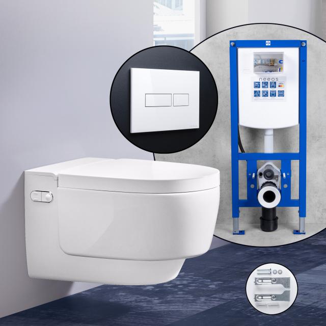Geberit AquaClean Mera Classic Pack complet WC lavant et bâti-support neeos, Plaque de déclenchement avec dispositif d’actionnement carré blanc, WC blanc